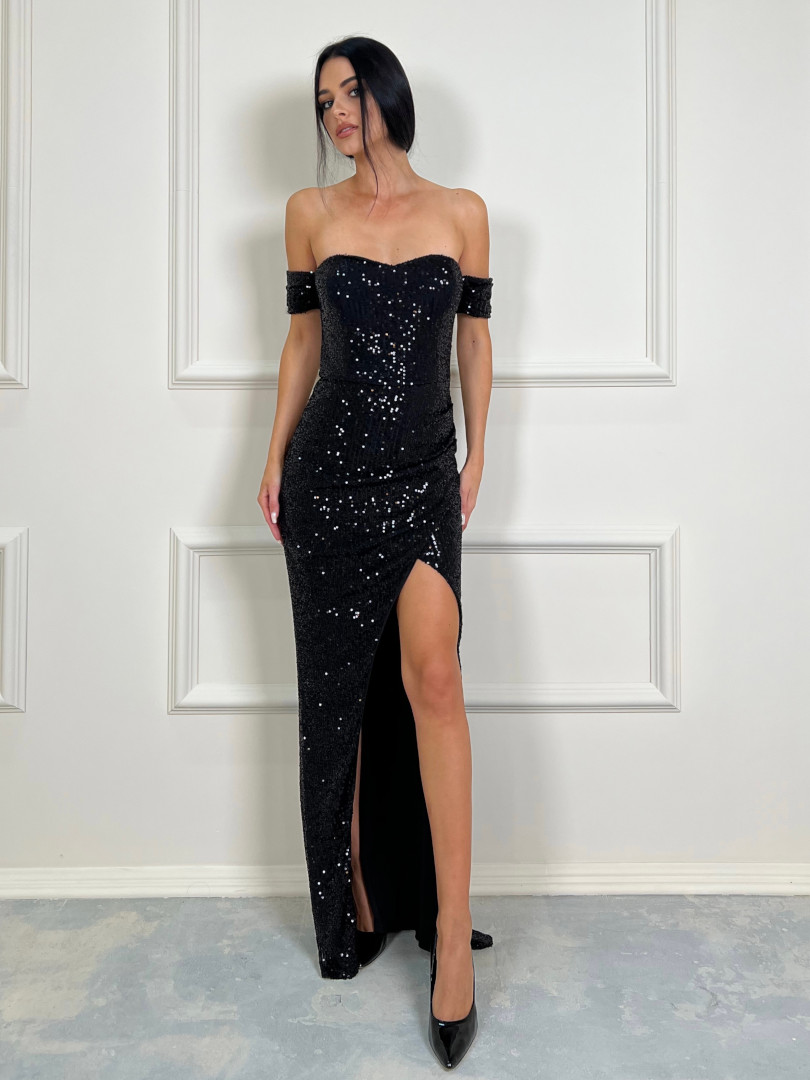 Marissa sequin-black fitted evening maxi dress - Kulunove image 3