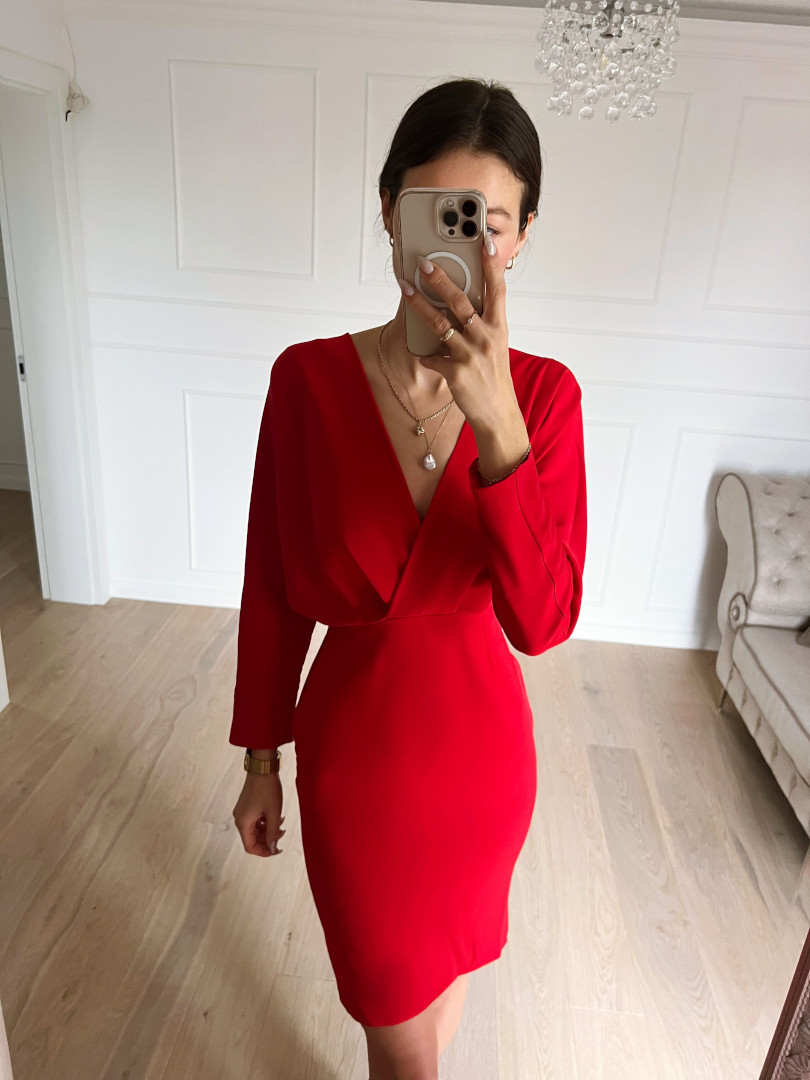 Josephine - red dress with pencil bottom and long sleeve envelope top - Kulunove image 2