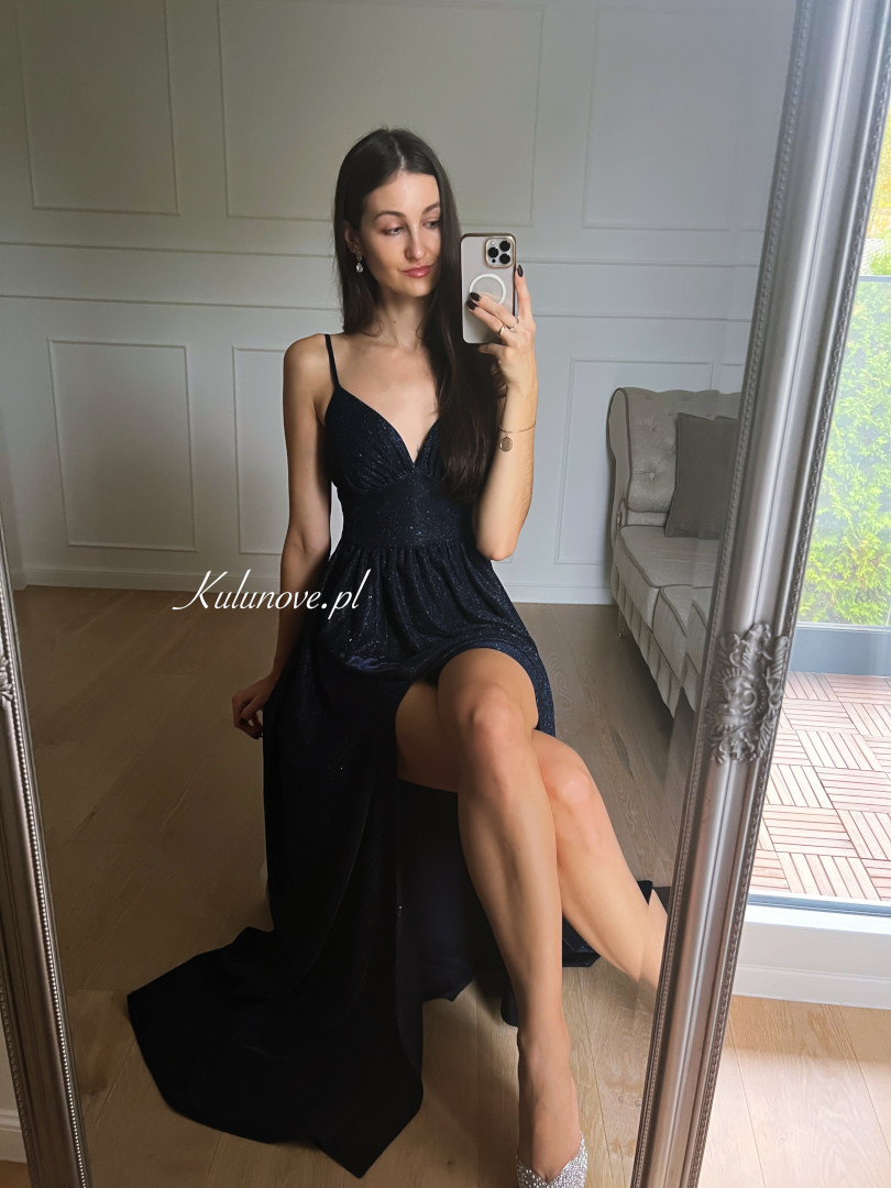 Lessa - long navy blue brocade dress with thin straps - Kulunove image 1