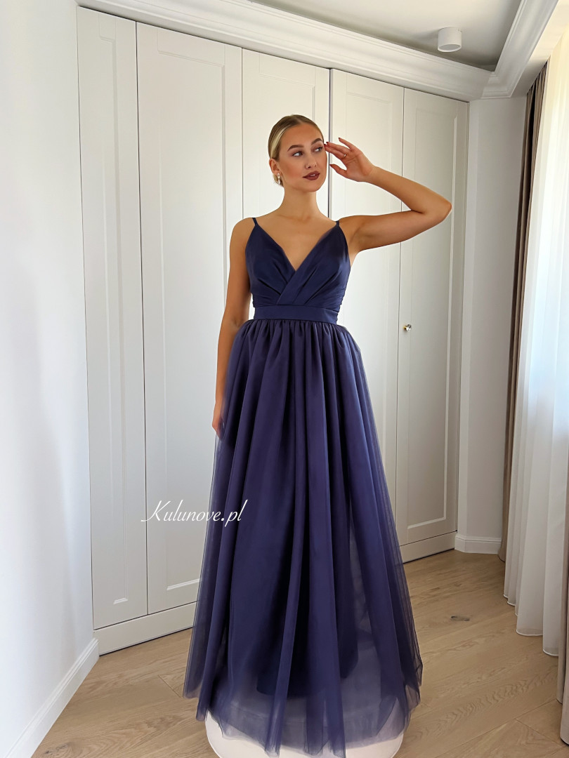 Ana - navy blue maxi dress made of softly glittering tulle in princess style - Kulunove image 2