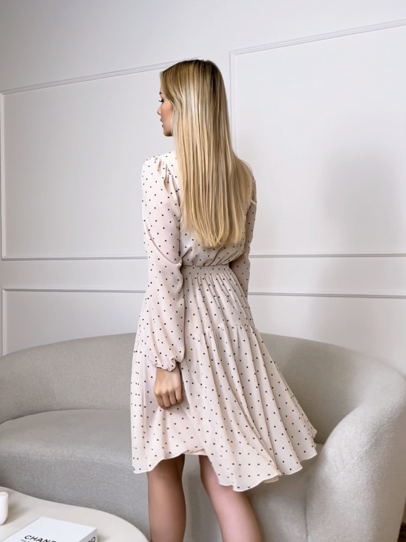 Celine - asymmetrical beige polka dot long sleeve dress - Kulunove image 3
