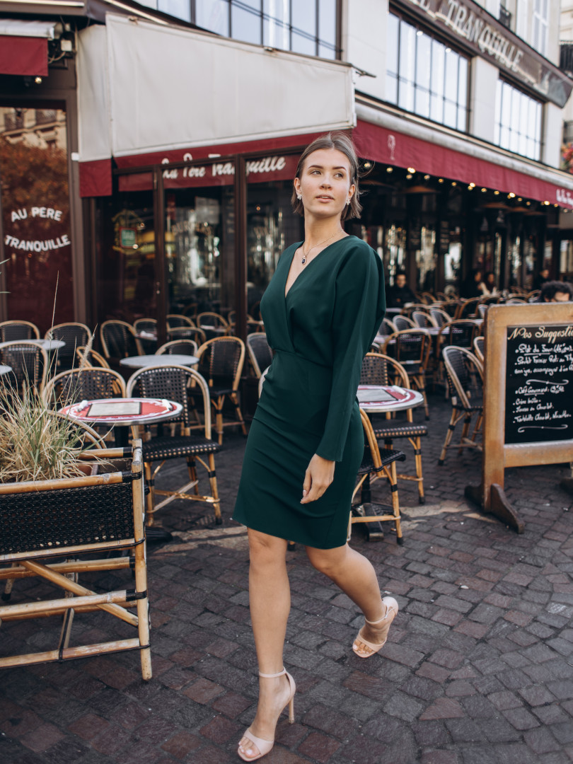 Josephine - long sleeve dress with fitted bottom and envelope top in bottle green color - Kulunove image 1