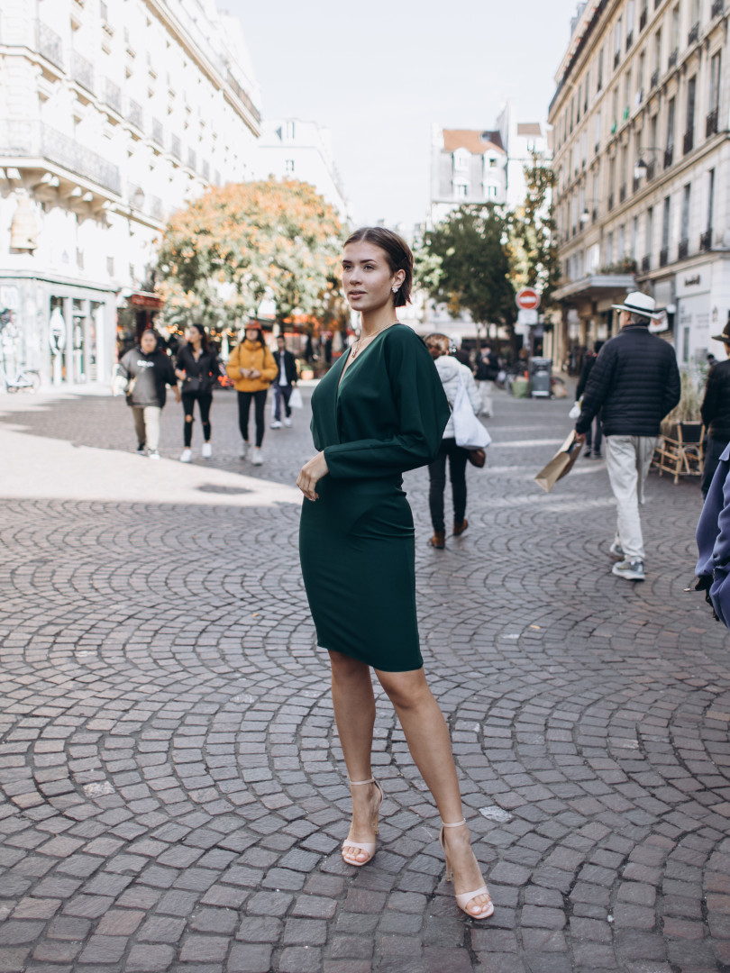 Josephine - long sleeve dress with fitted bottom and envelope top in bottle green color - Kulunove image 2