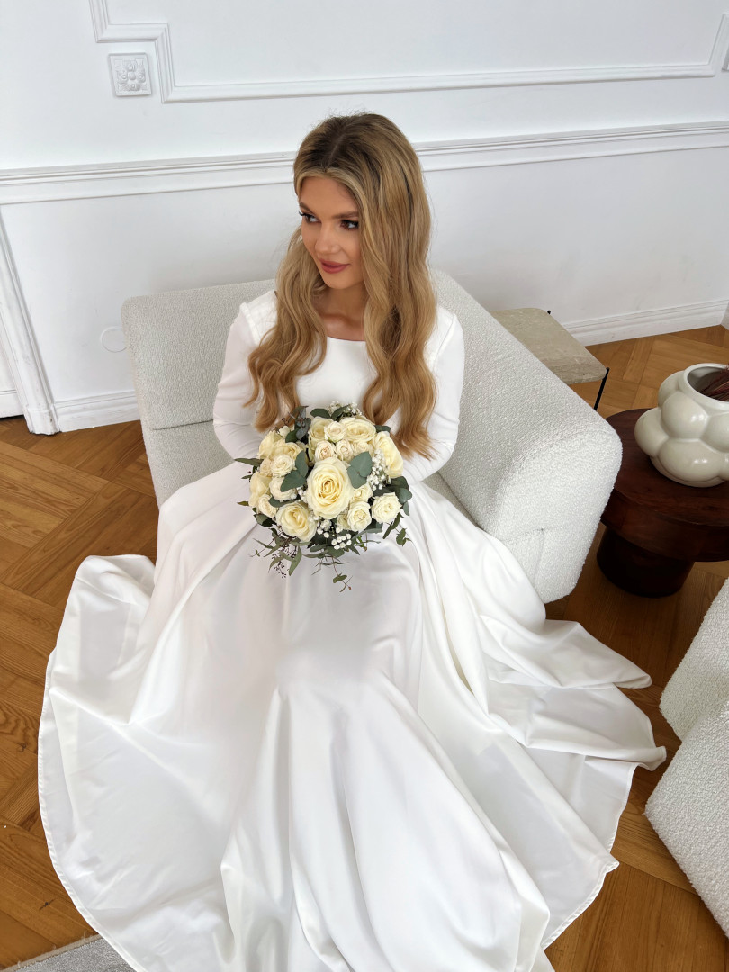 Genevieve- minimalist ecru wedding dress on wide circle with long sleeve back neckline - Kulunove image 1