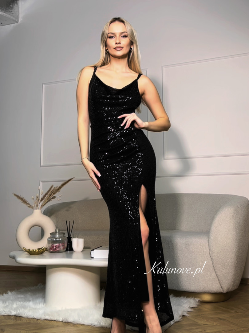 Glossy - black sequin maxi dress with back neckline - Kulunove image 4