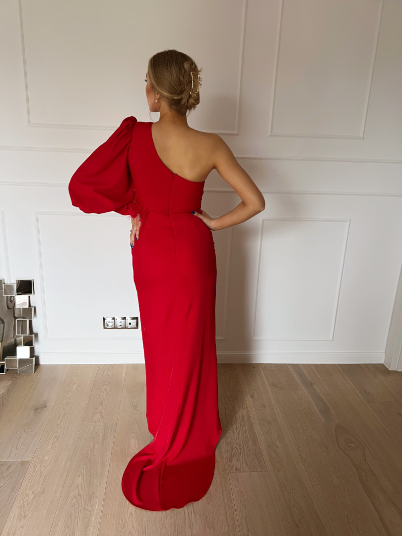 Rachel - red one shoulder maxi dress with feathers - Kulunove image 2