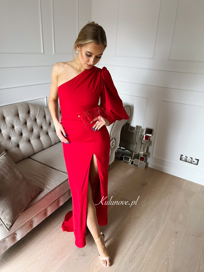 Rachel - red one shoulder maxi dress with feathers - Kulunove image 1