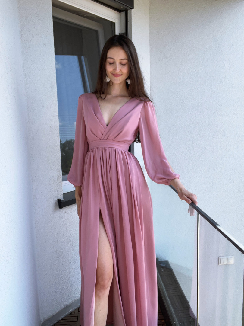 Greta - pink flared maxi dress with overlap neckline and buffeted slit sleeves - Kulunove image 4