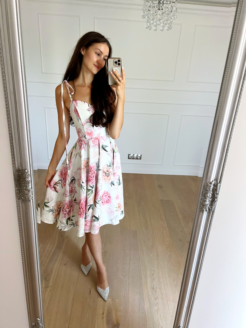 Malaga - corset midi ecru dress with pink and cream flowers with tied straps - Kulunove image 1