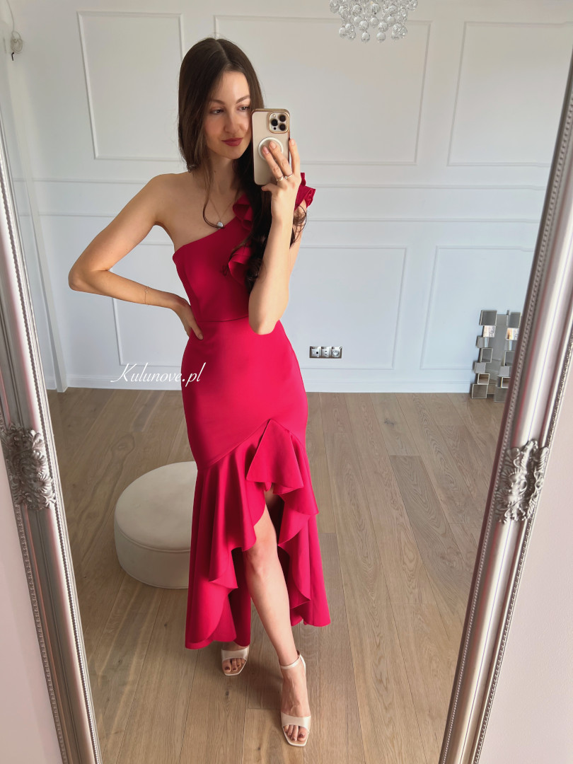 Natalie - Spanish fuchsia-colored one-shoulder dress with ruffled bottom and decorative frill on the shoulder - Kulunove image 1