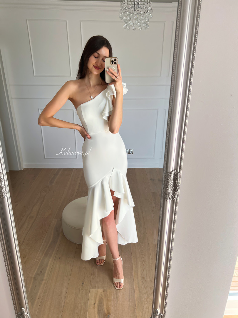 Natalie - one shoulder Spanish style dress with decorative shoulder ruffle and frilly bottom in ecru color - Kulunove image 1