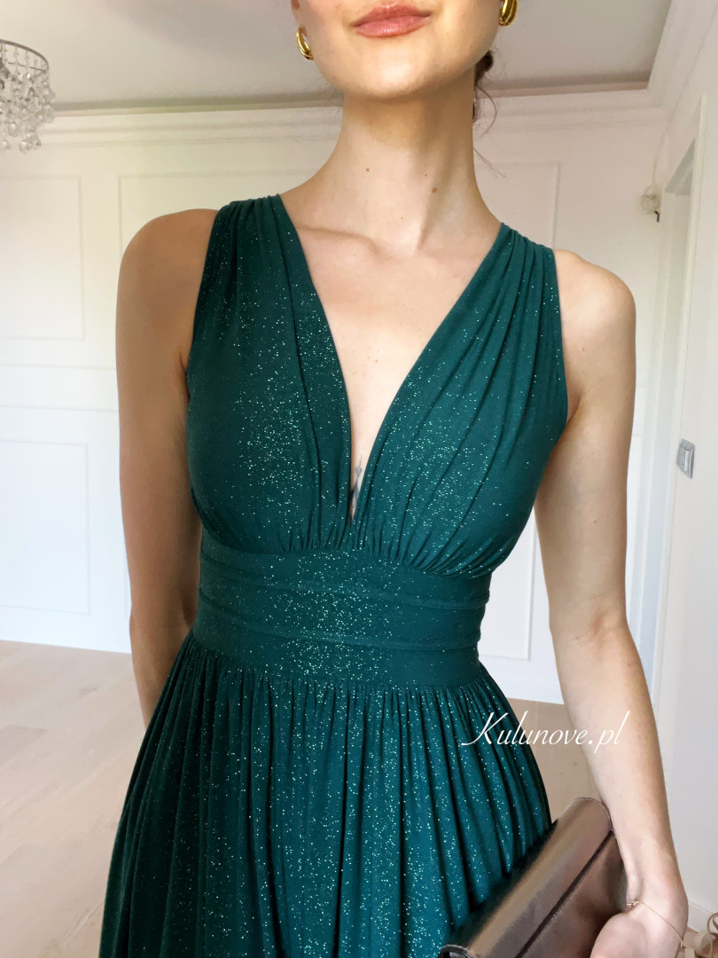 Penelope midi - brokatowa sukienka midi na grubszych ramiączkach w kolorze butelkowej zieleni - Kulunove zdjęcie 4