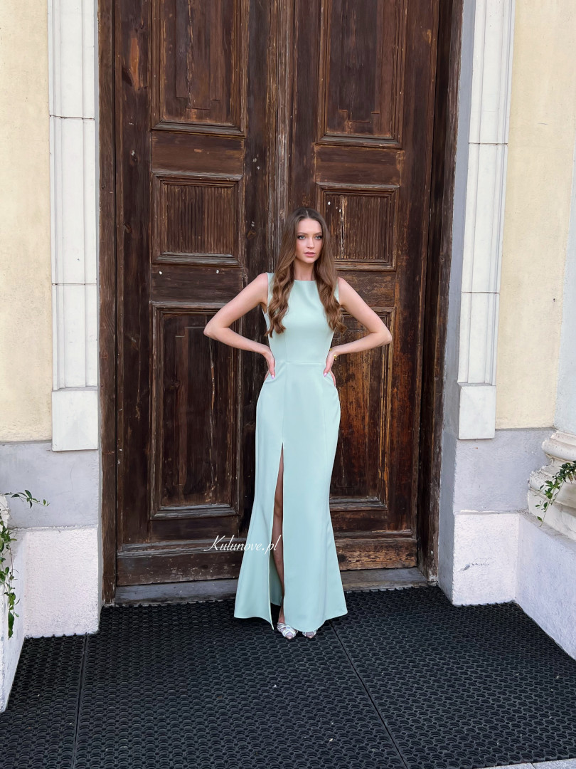 Prima  - minimalistyczna sukienka z dekoltem halter w kolorze szałwiowym - Kulunove zdjęcie 3