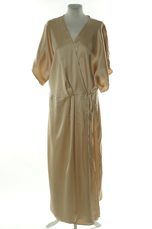 Sukienka beżowa satynowa długa z krótkim rękawem - H&M zdjęcie 1