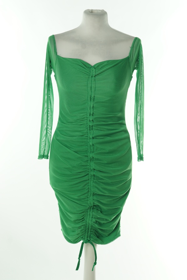 Sukienka zielona drapowana z długim siateczkowym rękawem - PRETTYLITTLETHING zdjęcie 1