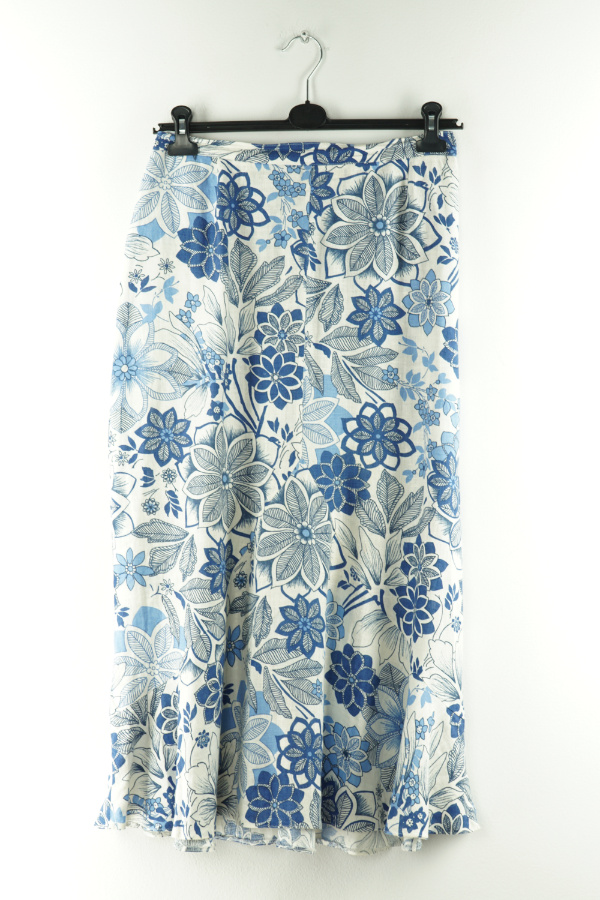 Spódnica biała w niebieskie kwiatki lniana - STRAVEN zdjęcie 1