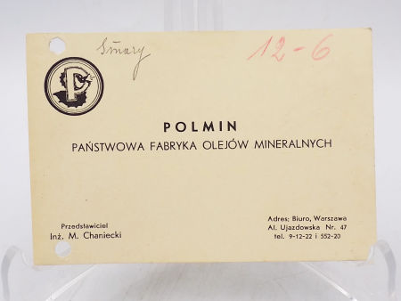 POLMIN Chaniecki Warszawa Państwowa Fabryka Olejów Mineralnych WIZYTÓWKA zdjęcie 1