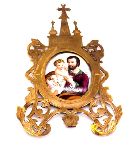 Miniatura na porcelanie św. JÓZEF z dzieciątkiem IKONA XIX w zdjęcie 2