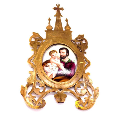 Miniatura na porcelanie św. JÓZEF z dzieciątkiem IKONA XIX w zdjęcie 4