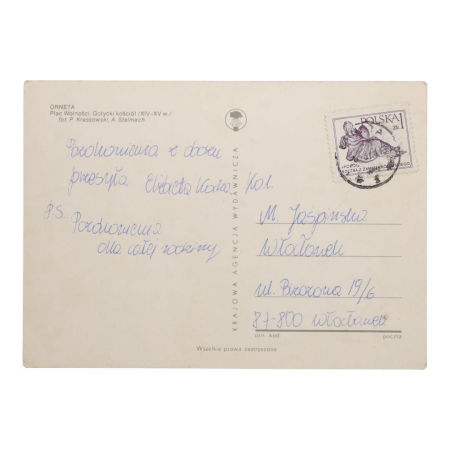 Pocztówka z Ornety przedstawiająca Plac Wolności i gotycki kościół zdjęcie 2