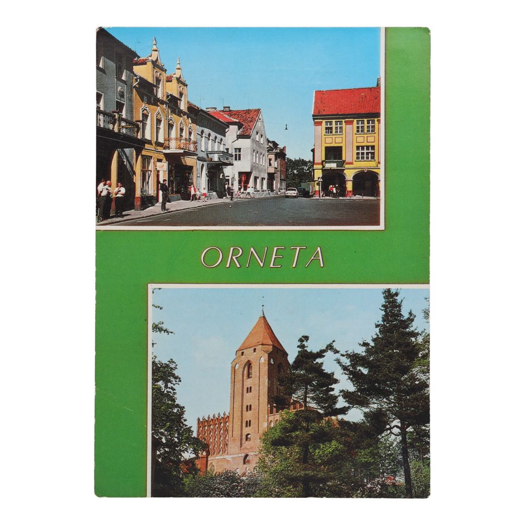 Pocztówka z Ornety przedstawiająca Plac Wolności i gotycki kościół zdjęcie 1