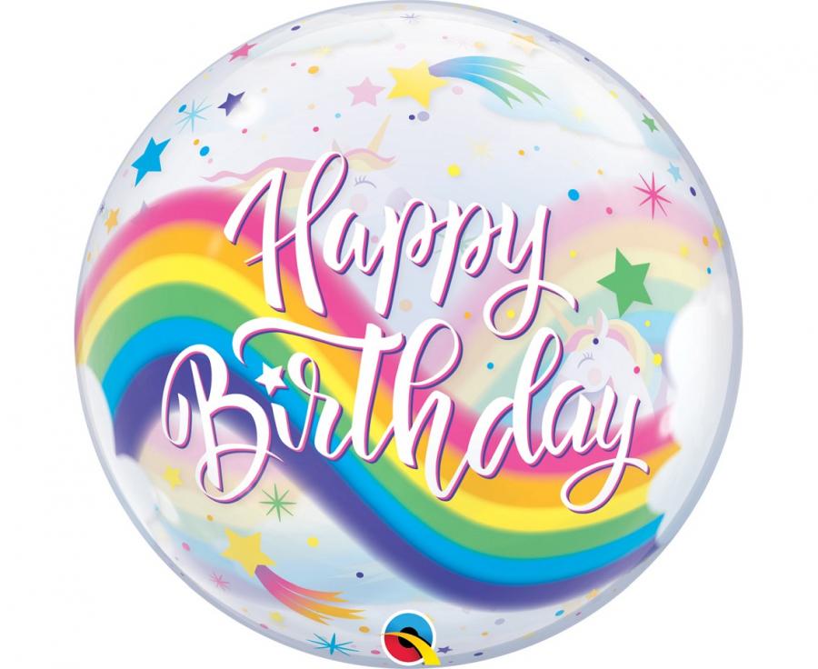 Balon foliowy 22" QL Bubble Poj. "Birthday Rainbow Unicorns", jednorożec - Qualatex zdjęcie 1