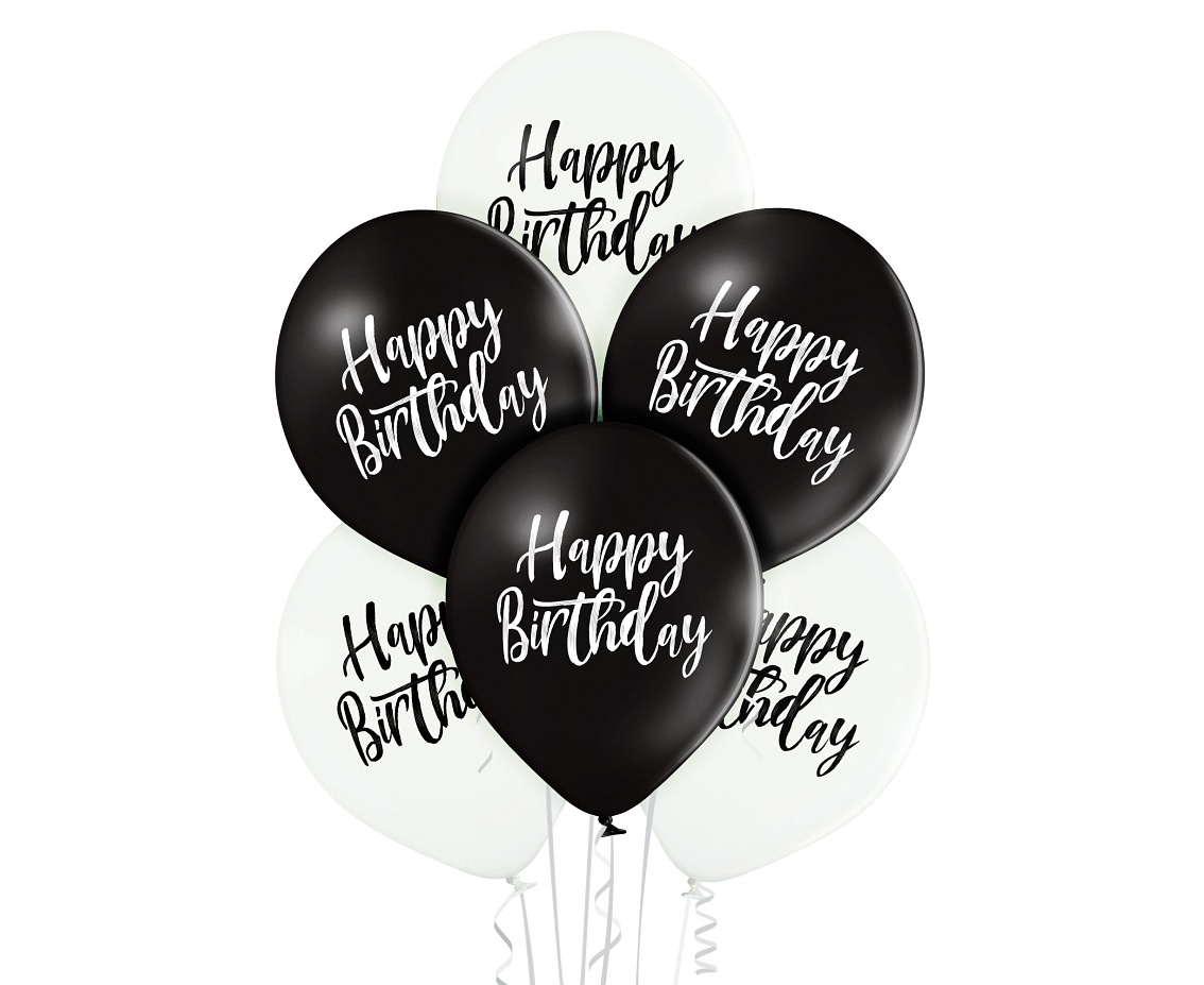 Balony na urodziny 12" Happy Birthday, białe i czarne, 30 cm, 6 szt., zestaw - Belbal zdjęcie 1