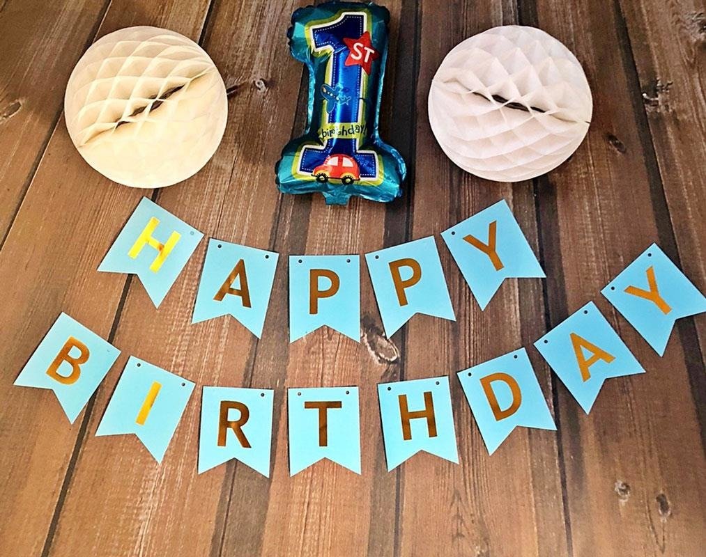 Girlanda urodzinowa Happy Birthday Niebieska, złoty napis, Duża, 20cm - Jixtar zdjęcie 2