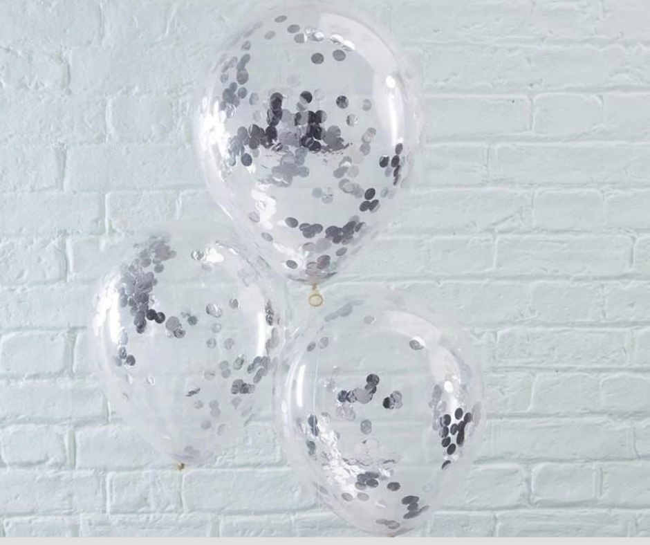 Balony transparentne ze srebrnym konfetti, 12cali, 30cm - zestaw 5 szt. - PartyDeco zdjęcie 1