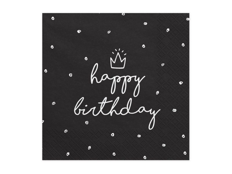 Serwetki na urodziny, Happy Birthday, 20 szt., 33x33cm, czarne, biały nadruk - PartyDeco zdjęcie 3