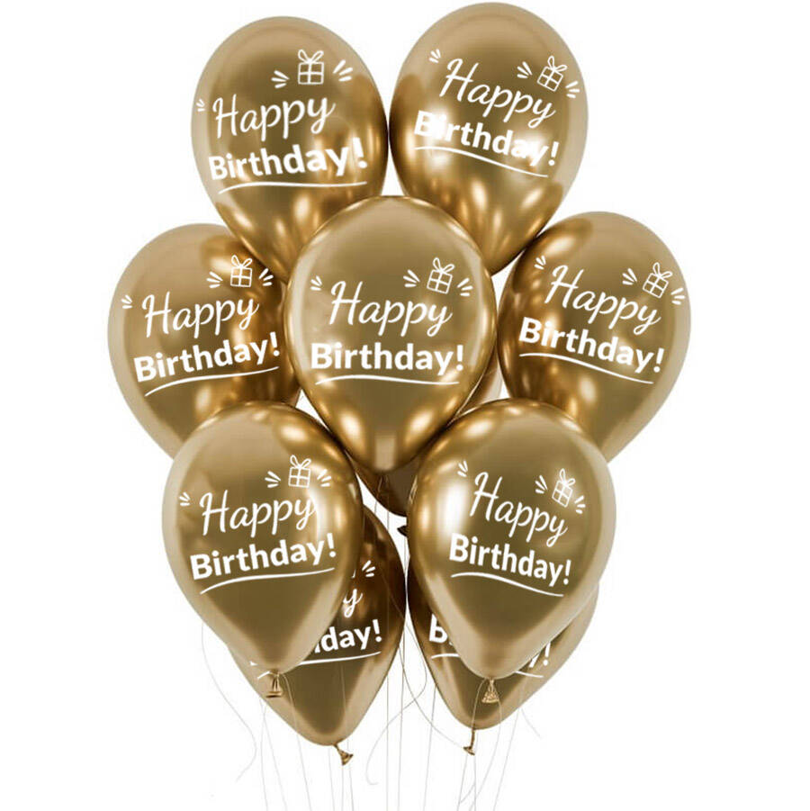 Balony urodzinowe złote Chrom Happy Birthday, 12", 30cm, 10 szt. - Flowballoons zdjęcie 1