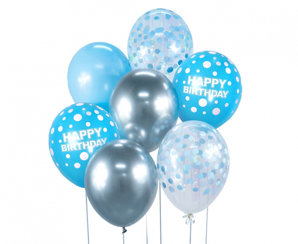 Bukiet balonowy B&C srebrno-niebieski Happy Birthday, 7 szt. - Godan S.A. zdjęcie 1