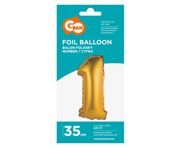Balon foliowy "Cyfra 1", złota, matowa, 35 cm - Godan S.A. zdjęcie 2