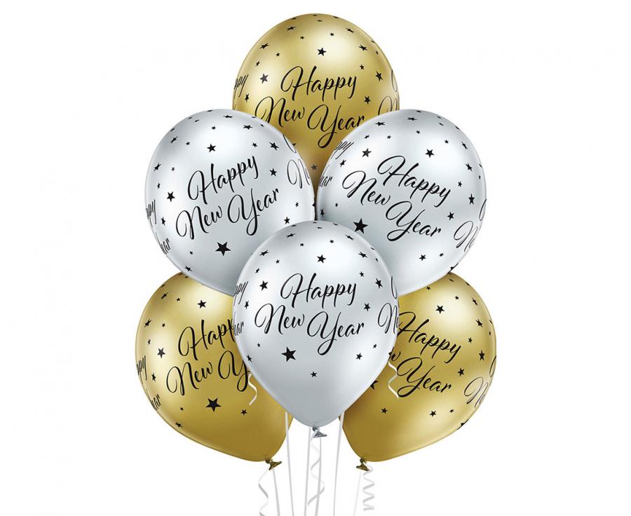 Balony D11 Glossy Happy New Year 1C5S, 6 szt., zestaw - Belbal zdjęcie 1