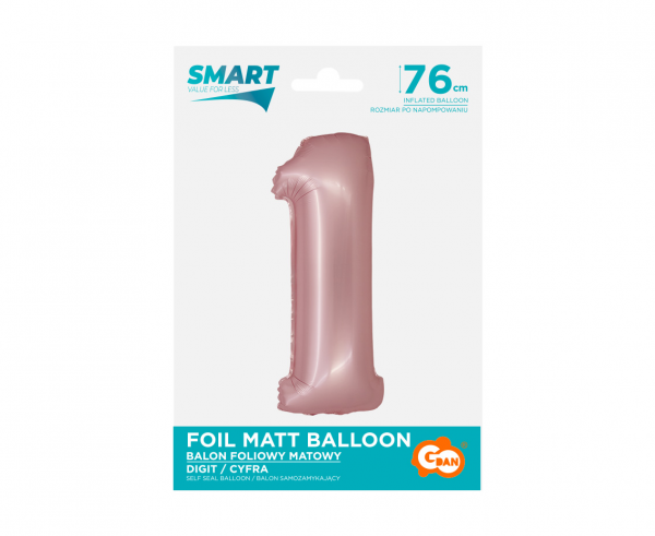 Balon foliowy Smart, Cyfra 1, j. różowa matowa, 76 cm - Godan S.A. zdjęcie 2