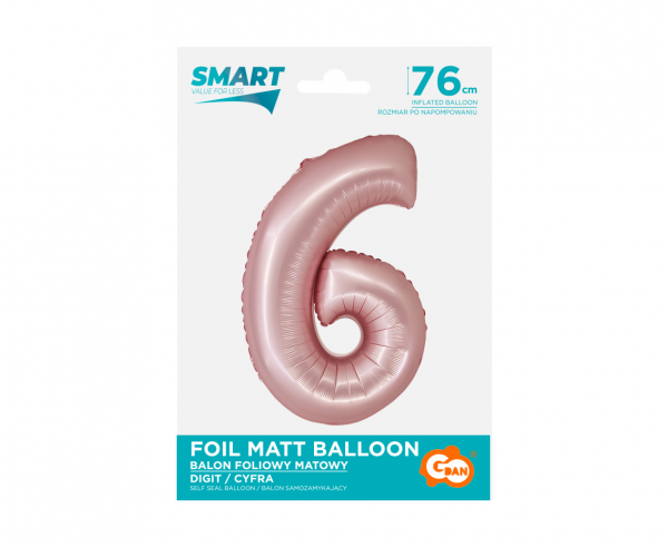 Balon foliowy Smart, Cyfra 6, j. różowa matowa, 76 cm - Godan S.A. zdjęcie 3