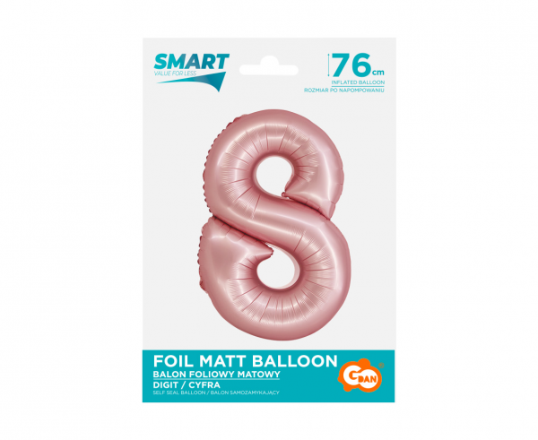 Balon foliowy Smart, Cyfra 8, j. różowa matowa, 76 cm - Godan S.A. zdjęcie 2