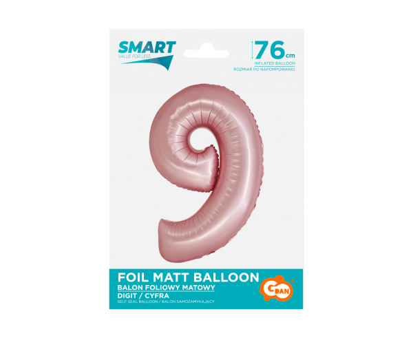 Balon foliowy Smart, Cyfra 9, j. różowa matowa, 76 cm - Godan S.A. zdjęcie 2