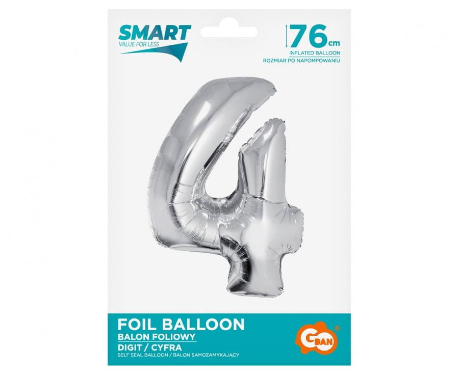 Balon foliowy Smart, Cyfra 4, srebrna, 76 cm - Godan S.A. zdjęcie 2