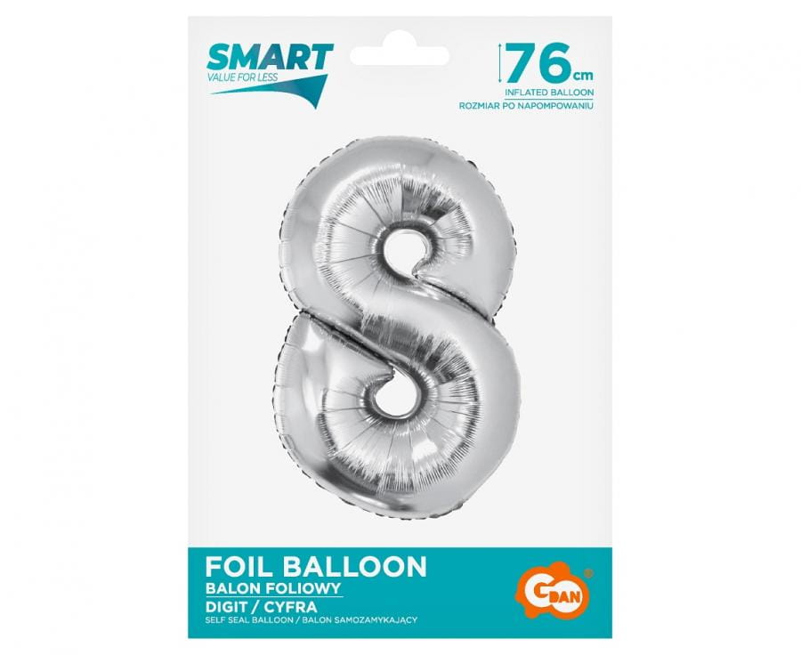 Balon foliowy Smart, Cyfra 8, srebrna, 76 cm - Godan S.A. zdjęcie 2