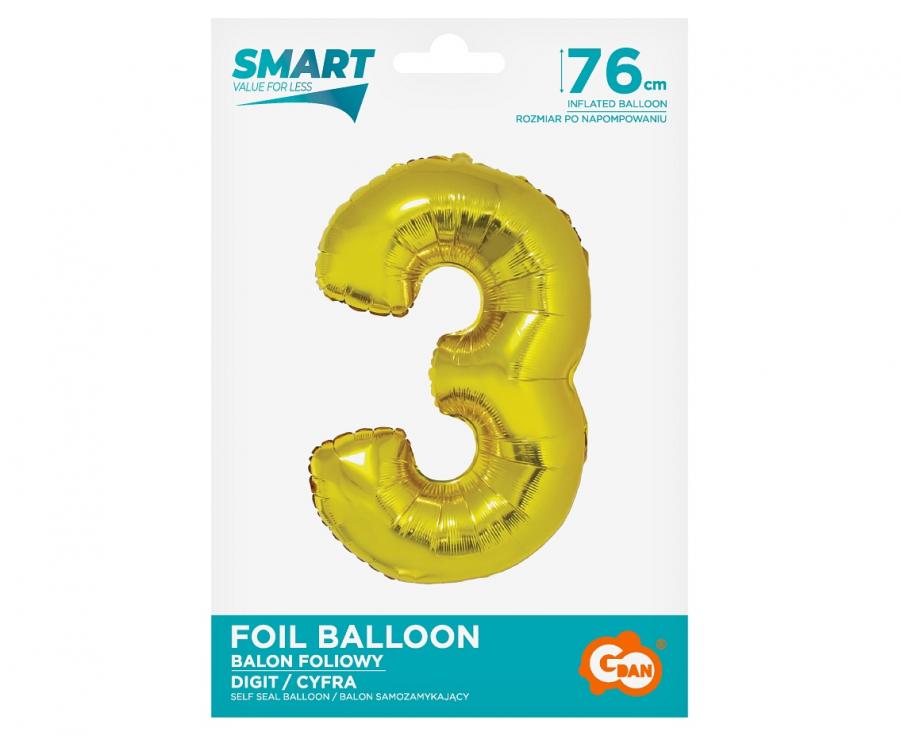 Balon foliowy Smart, Cyfra 3, złota, 76 cm - Godan S.A. zdjęcie 2