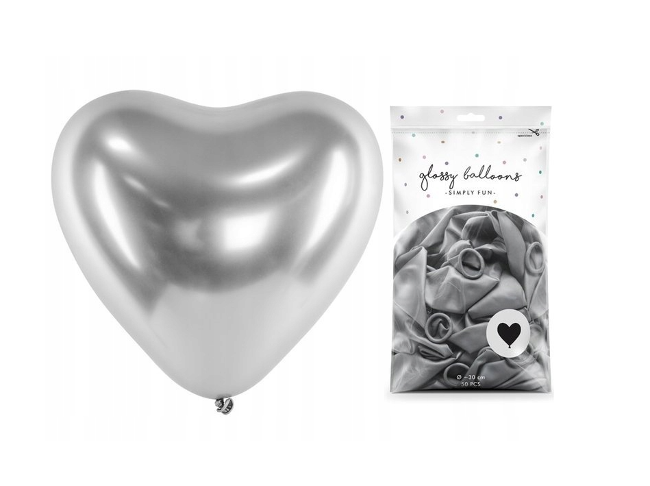 Balony Srebrne Serca Chrom, Glossy silver, 30cm, 50 szt., glossy balloons, zestaw - PartyDeco zdjęcie 1