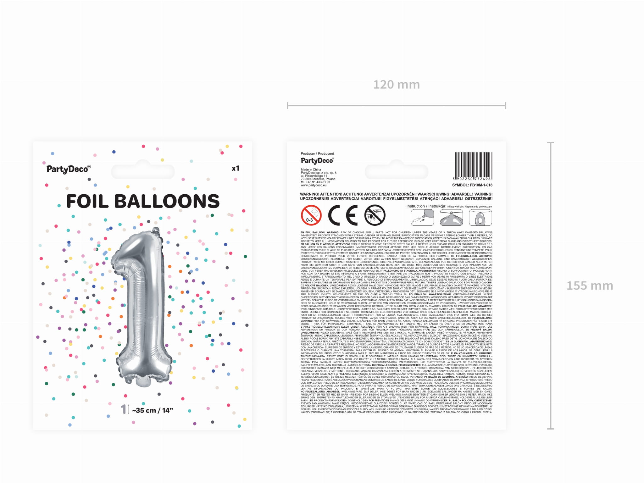 Balon foliowy Cyfra ''1'', 35cm, srebrny - PartyDeco zdjęcie 3