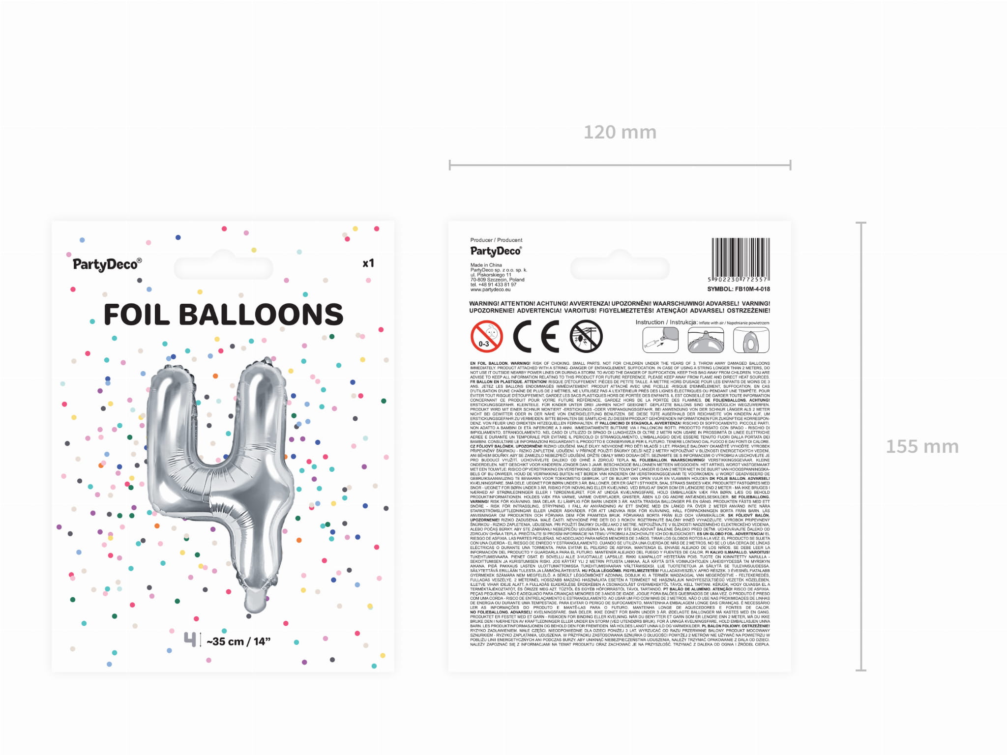 Balon foliowy Cyfra ''4'', 35cm, srebrny - PartyDeco zdjęcie 3