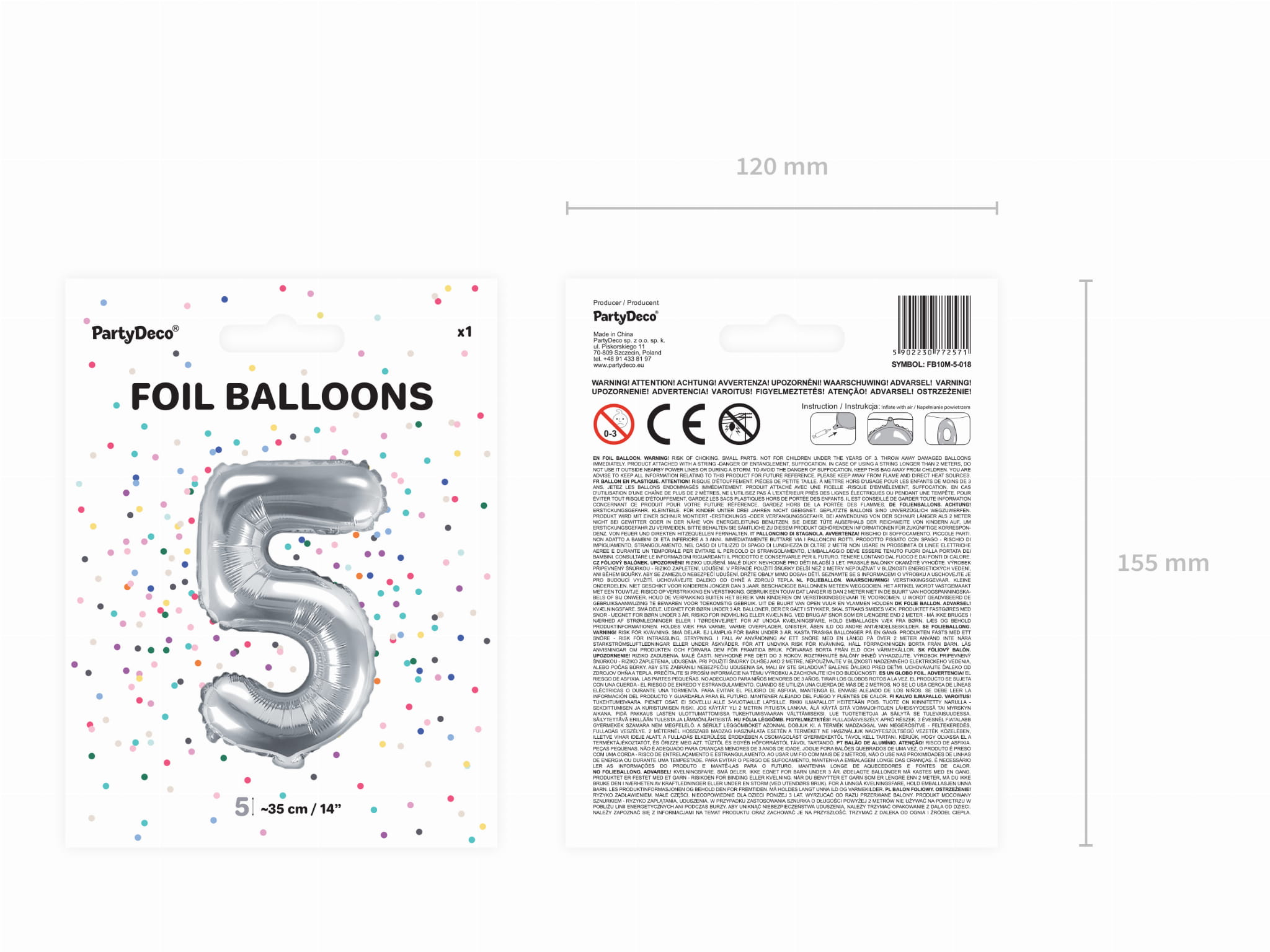 Balon foliowy Cyfra ''5'', 35cm, srebrny - PartyDeco zdjęcie 3
