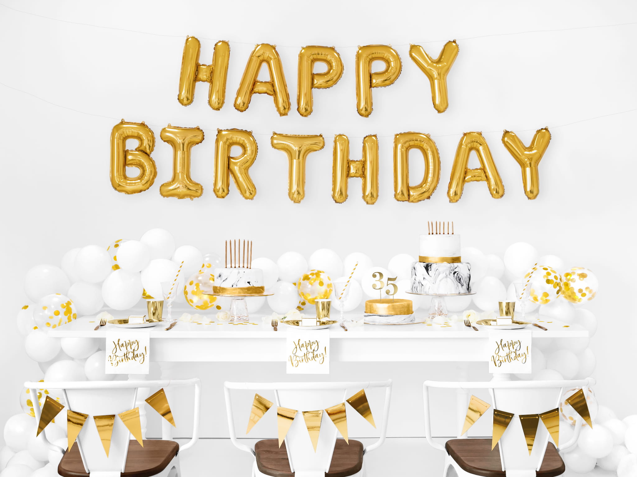 Balon foliowy, napis Happy Birthday, 340x35cm, złoty - PartyDeco zdjęcie 2