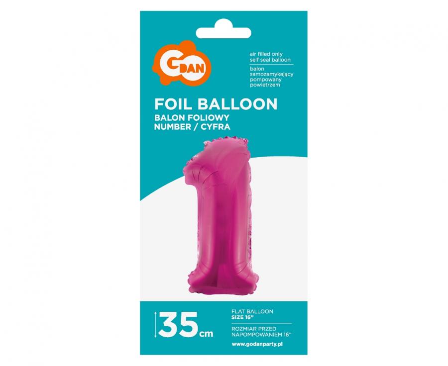 Balon foliowy "Cyfra 1", różowa, 35 cm - Godan S.A. zdjęcie 2