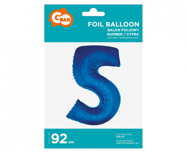 Balon foliowy "Cyfra 5", niebieska, 92 cm - Godan S.A. zdjęcie 2