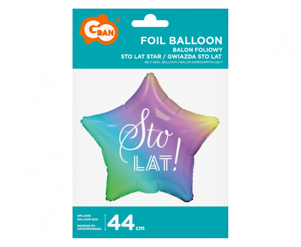 Balon foliowy Sto Lat, gwiazda gradient, nadruk biały, 19", ombre - Godan S.A. zdjęcie 2