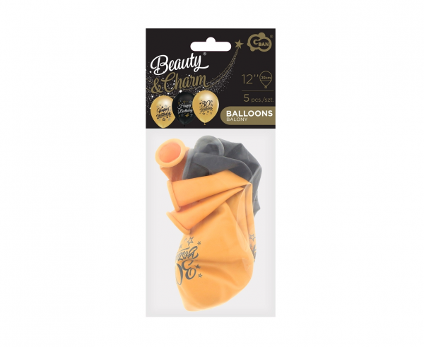 Balony Beauty&Charm 12" z nadrukiem "30", złote i czarne, 5 szt. - Godan S.A. zdjęcie 2